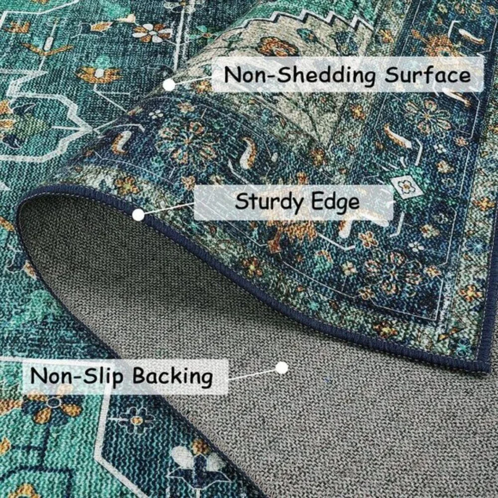 New 3x5 Vintage Washable Rug, Ultra-Thin Non-Slip Boho Medallion Carpet in Teal
